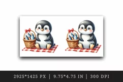 Watercolor cute penguin picnic basket full of fish red checkered blanket print tumbler skinny mug wrap clipart t-shirt sublimation printable design