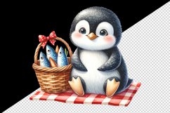 Watercolor cute penguin picnic basket full of fish red checkered blanket print tumbler skinny mug wrap clipart t-shirt sublimation printable design