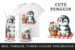 Watercolor cute penguin picnic basket full of fish red checkered blanket print tumbler skinny mug wrap clipart t-shirt sublimation printable design
