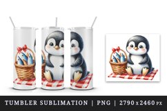 Watercolor cute penguin picnic basket full of fish red checkered blanket print tumbler skinny mug wrap clipart t-shirt sublimation printable design