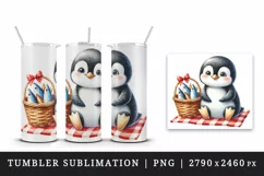 Watercolor cute penguin picnic basket full of fish red checkered blanket print tumbler skinny mug wrap clipart t-shirt sublimation printable design