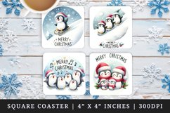 Watercolor cute penguin Santa hat family singing carols Merry Christmas quote New Year winter print square coaster mug coasters sublimation design