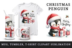 Watercolor cute penguin Santa hat gifts Merry Christmas greeting quote print 20oz tumbler skinny mug wrap clipart t-shirt sublimation printable design