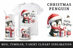 Watercolor cute penguin Santa hat gifts Merry Christmas greeting quote print 20oz tumbler skinny mug wrap clipart t-shirt sublimation printable design