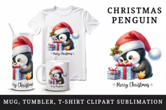 Watercolor cute penguin Santa hat gifts Merry Christmas greeting quote print 20oz tumbler skinny mug wrap clipart t-shirt sublimation printable design