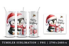 Watercolor cute penguin Santa hat gifts Merry Christmas greeting quote print 20oz tumbler skinny mug wrap clipart t-shirt sublimation printable design
