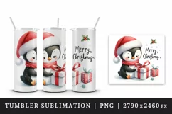 Watercolor cute penguin Santa hat gifts Merry Christmas greeting quote print 20oz tumbler skinny mug wrap clipart t-shirt sublimation printable design