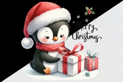 Watercolor cute penguin Santa hat gifts Merry Christmas greeting quote print 20oz tumbler skinny mug wrap clipart t-shirt sublimation printable design