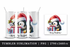 Watercolor cute penguin Santa hat gifts Merry Christmas greeting quote print 20oz tumbler skinny mug wrap clipart t-shirt sublimation printable design