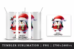 Watercolor cute penguin Santa hat Merry Christmas greeting quote print 20 oz tumbler skinny mug wrap clipart t-shirt sublimation printable design