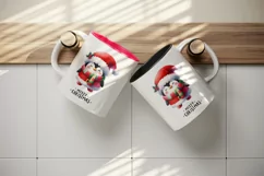 Watercolor cute penguin Santa hat Merry Christmas greeting quote print 20 oz tumbler skinny mug wrap clipart t-shirt sublimation printable design