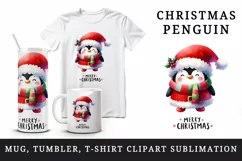 Watercolor cute penguin Santa hat Merry Christmas greeting quote print 20 oz tumbler skinny mug wrap clipart t-shirt sublimation printable design