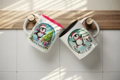 Watercolor cute penguin tree Let it Snow quote Christmas New Year winter print tumbler skinny mug wrap clipart t-shirt sublimation printable design