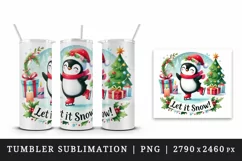 Watercolor cute penguin tree Let it Snow quote Christmas New Year winter print tumbler skinny mug wrap clipart t-shirt sublimation printable design