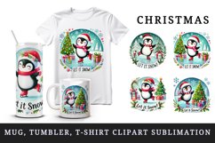 Watercolor cute penguin tree Let it Snow quote Christmas New Year winter print tumbler skinny mug wrap clipart t-shirt sublimation printable design