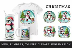 Watercolor cute penguin tree Let it Snow quote Christmas New Year winter print tumbler skinny mug wrap clipart t-shirt sublimation printable design