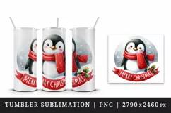 Watercolor cute penguin wearing red scarf Merry Christmas quote print 20 oz tumbler skinny mug wrap clipart t-shirt sublimation printable design