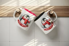 Watercolor cute penguin wearing red scarf Merry Christmas quote print 20 oz tumbler skinny mug wrap clipart t-shirt sublimation printable design