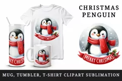 Watercolor cute penguin wearing red scarf Merry Christmas quote print 20 oz tumbler skinny mug wrap clipart t-shirt sublimation printable design