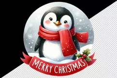Watercolor cute penguin wearing red scarf Merry Christmas quote print 20 oz tumbler skinny mug wrap clipart t-shirt sublimation printable design