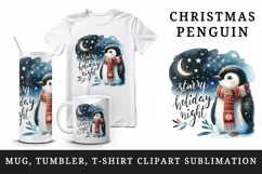 Watercolor cute penguin winter Starry Holiday Night Christmas quote print 20 oz tumbler skinny mug wrap clipart t-shirt sublimation printable design