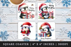 Watercolor cute penguin wrapping gifts wearing red Santa hat Merry Christmas quote New Year winter print square coaster mug coasters sublimation design