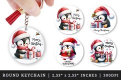 Watercolor cute penguin wrapping gifts wearing red Santa hat Merry Christmas quote New Year winter print round keychain keychains sublimation design