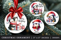 Watercolor cute penguin wrapping gifts wearing red Santa hat Merry Christmas quote New Year winter print round ornament ornaments sublimation design