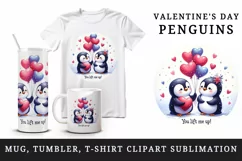 Watercolor cute penguins red heart balloons love Valentine Day quote print 20 oz tumbler skinny mug wrap clipart t-shirt sublimation printable design