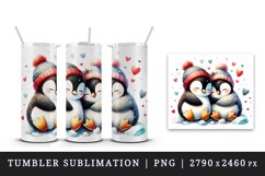 Watercolor cute penguins together heart Christmas Valentine Day print 20 oz tumbler skinny mug wrap clipart t-shirt sublimation printable design