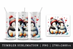 Watercolor cute penguins together heart Christmas Valentine Day print 20 oz tumbler skinny mug wrap clipart t-shirt sublimation printable design