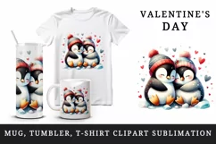 Watercolor cute penguins together heart Christmas Valentine Day print 20 oz tumbler skinny mug wrap clipart t-shirt sublimation printable design