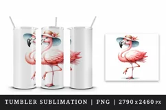 Watercolor cute pink flamingo wearing sunhat and striking pose summer print 20 oz tumbler skinny mug wrap clipart t-shirt sublimation printable design