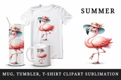 Watercolor cute pink flamingo wearing sunhat and striking pose summer print 20 oz tumbler skinny mug wrap clipart t-shirt sublimation printable design