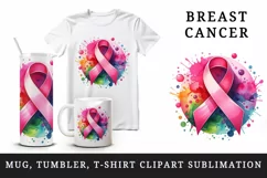 Watercolor cute pink ribbon breast cancer awareness print 20 oz tumbler skinny mug wrap clipart t-shirt sublimation printable design