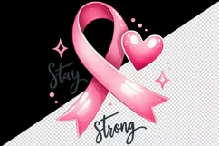 Watercolor cute pink ribbon with playful heart Stay Strong quote print 20 oz tumbler skinny mug wrap clipart t-shirt sublimation printable design