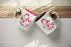 Watercolor cute pink ribbon with playful heart Stay Strong quote print 20 oz tumbler skinny mug wrap clipart t-shirt sublimation printable design