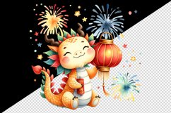 Watercolor cute playful dragon holding Chinese lantern fireworks print 20 oz tumbler skinny mug wrap clipart t-shirt sublimation printable design