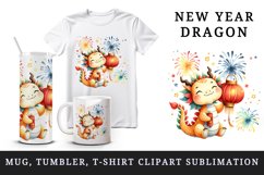 Watercolor cute playful dragon holding Chinese lantern fireworks print 20 oz tumbler skinny mug wrap clipart t-shirt sublimation printable design