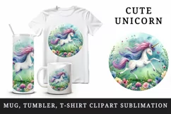Watercolor cute playful unicorn glittery mane meadow of flowers print 20 oz tumbler skinny mug wrap clipart t-shirt sublimation printable design