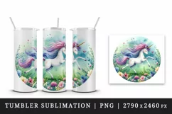 Watercolor cute playful unicorn glittery mane meadow of flowers print 20 oz tumbler skinny mug wrap clipart t-shirt sublimation printable design