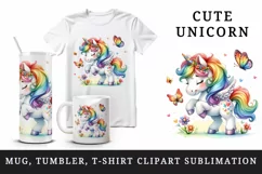 Watercolor cute playful unicorn rainbow mane playing butterflies print 20 oz tumbler skinny mug wrap clipart t-shirt sublimation printable design