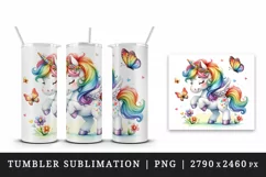 Watercolor cute playful unicorn rainbow mane playing butterflies print 20 oz tumbler skinny mug wrap clipart t-shirt sublimation printable design