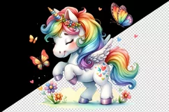 Watercolor cute playful unicorn rainbow mane playing butterflies print 20 oz tumbler skinny mug wrap clipart t-shirt sublimation printable design