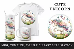 Watercolor cute playful unicorn summer meadow of flowers butterflies print 20 oz tumbler skinny mug wrap clipart t-shirt sublimation printable design