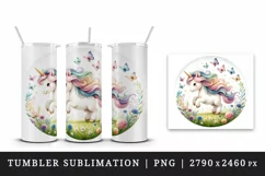 Watercolor cute playful unicorn summer meadow of flowers butterflies print 20 oz tumbler skinny mug wrap clipart t-shirt sublimation printable design