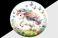 Watercolor cute playful unicorn summer meadow of flowers butterflies print 20 oz tumbler skinny mug wrap clipart t-shirt sublimation printable design