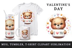 Watercolor cute plush bear sparkle hearts I Love You quote Valentine Day print tumbler skinny mug wrap clipart t-shirt sublimation printable design