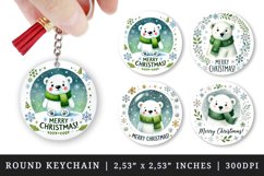Watercolor cute polar bear green scarf snowflakes sparkles Merry Christmas quote New Year winter print round keychain keychains sublimation design