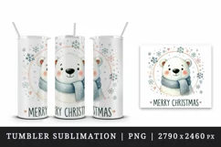 Watercolor cute polar bear in scarf Merry Christmas quote New Year winter print tumbler skinny mug wrap clipart t-shirt sublimation printable design